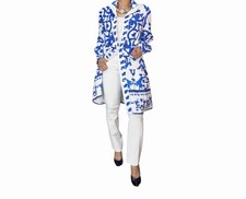 SHEIN Blue White Floral Tiered Shirt Dress Large Long Sleeve Button Down Belted