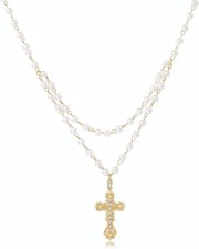 Gold Plated Layered Pearl Cross Pendant Choker Necklace Faith Jewelry Women
