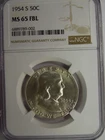NGC MS 65 Full Bell Lines 1954-S Franklin Half Dollar