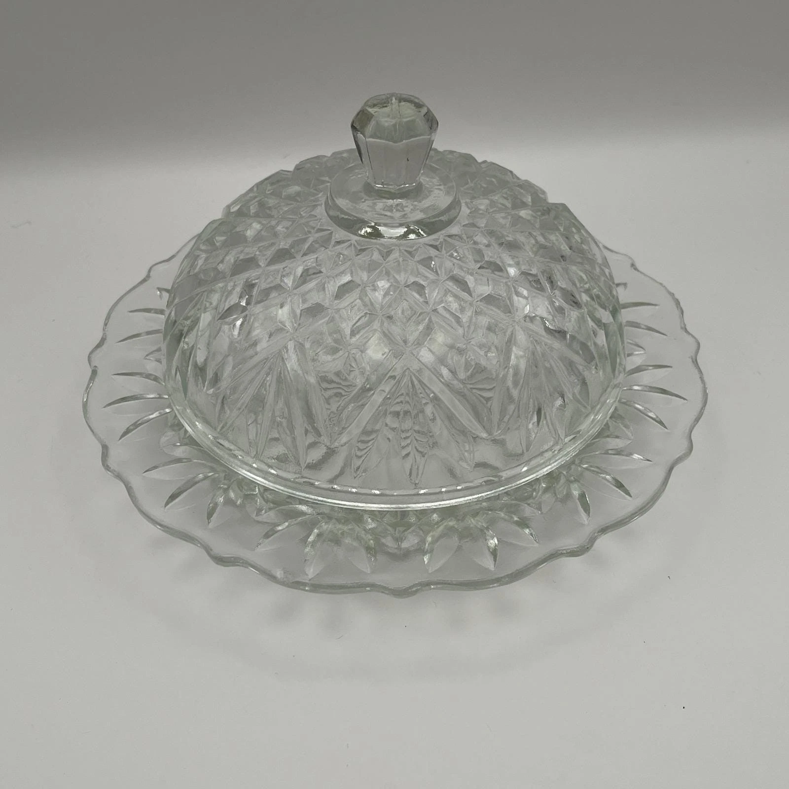 Vintage Anchor Hocking Clear Prescut Glass Butter Dish Dome Cover Plate Embossed