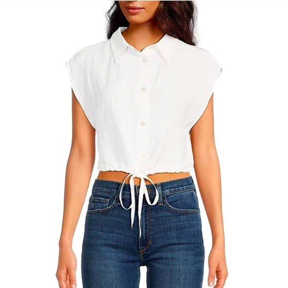 Elan White Buttondown Crop Cropped Tie Top Women's Size L Linen Blend - NWT