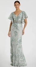 SPRING 2025 Mac Duggal Maxi Evening Gown Embellished Flutter Sleeve SEAFOAM Sz12