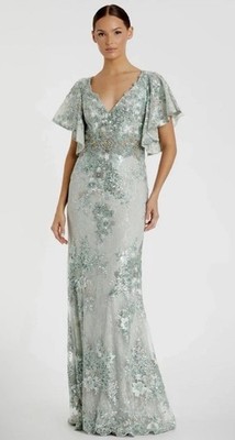 SPRING 2025 Mac Duggal Maxi Evening Gown Embellished Flutter Sleeve SEAFOAM Sz12