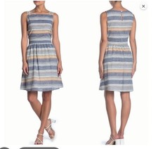 Beach Lunch Lounge Linen Cotton Dress Pockets Striped Spring Summer Blue Sz S