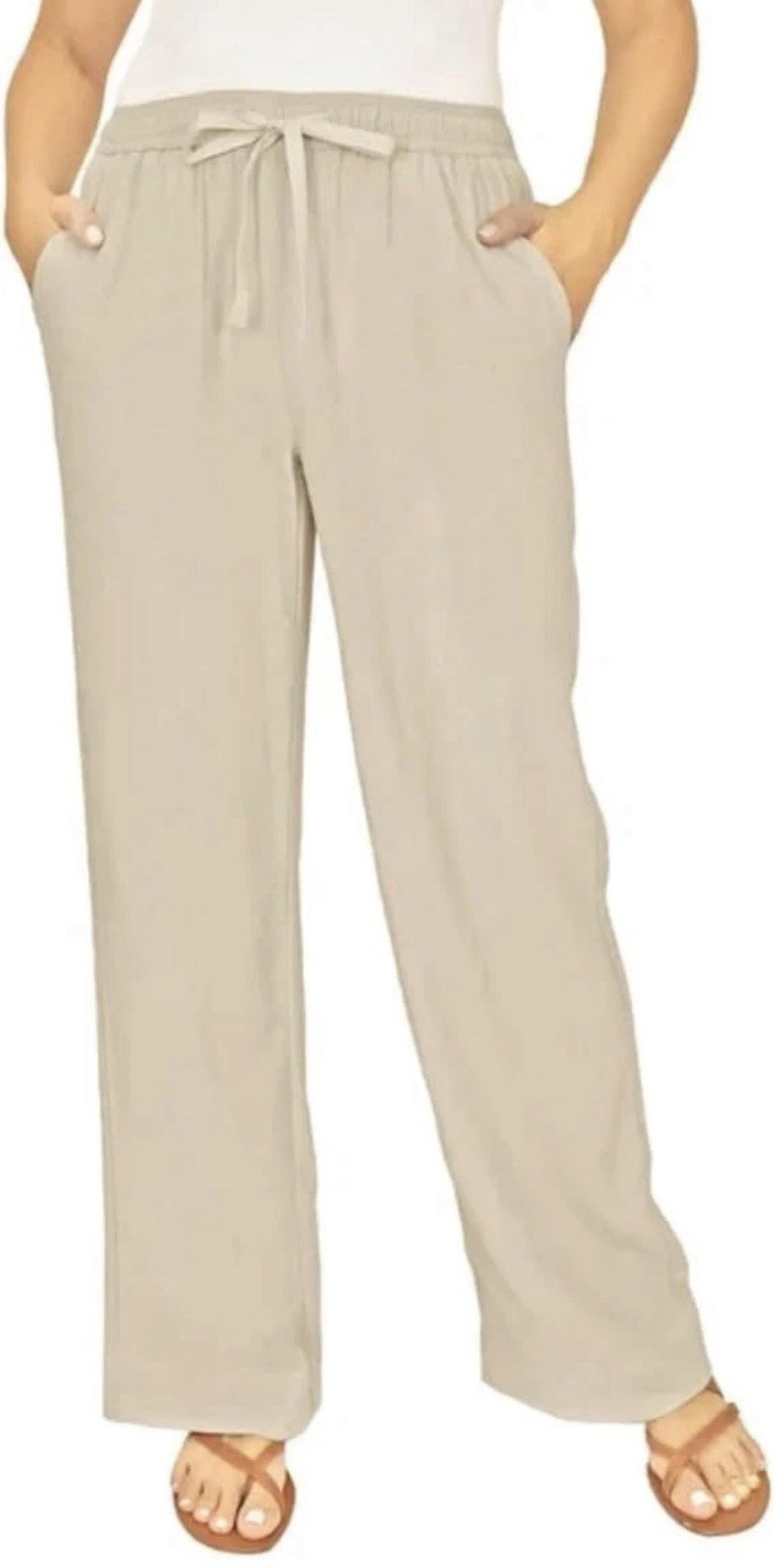 Briggs Women's Linen Blend Wide Leg Pull On Pants Tan Size S- NWT