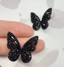 Black rhinestone Butterfly design Stud Earrings Silver Post Crystal Gift Box
