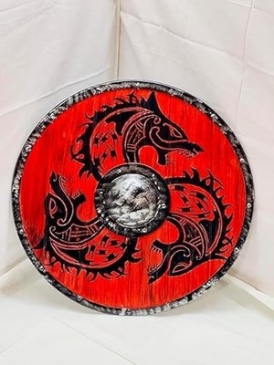 24'' Medieval Dragon Design Round Shield Wood & Steel Viking Armor Cosplay Gift