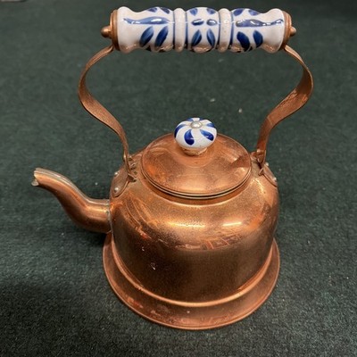 Vintage Copper Tea Pot Kettle Blue & White Porcelain Handle & Lid Knob Taiwan