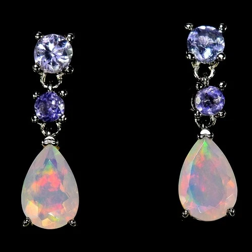 NATURAL AAA RAINBOW OPAL & BLUE TANZANITE STERLING 925 SILVER DROP EARRING