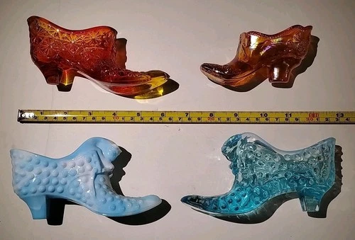 LOT OF 3 VTG FENTON ART GLASS SHOES + MOSSER CATHEAD HOBNAL BLUE WHITE AMBERINA