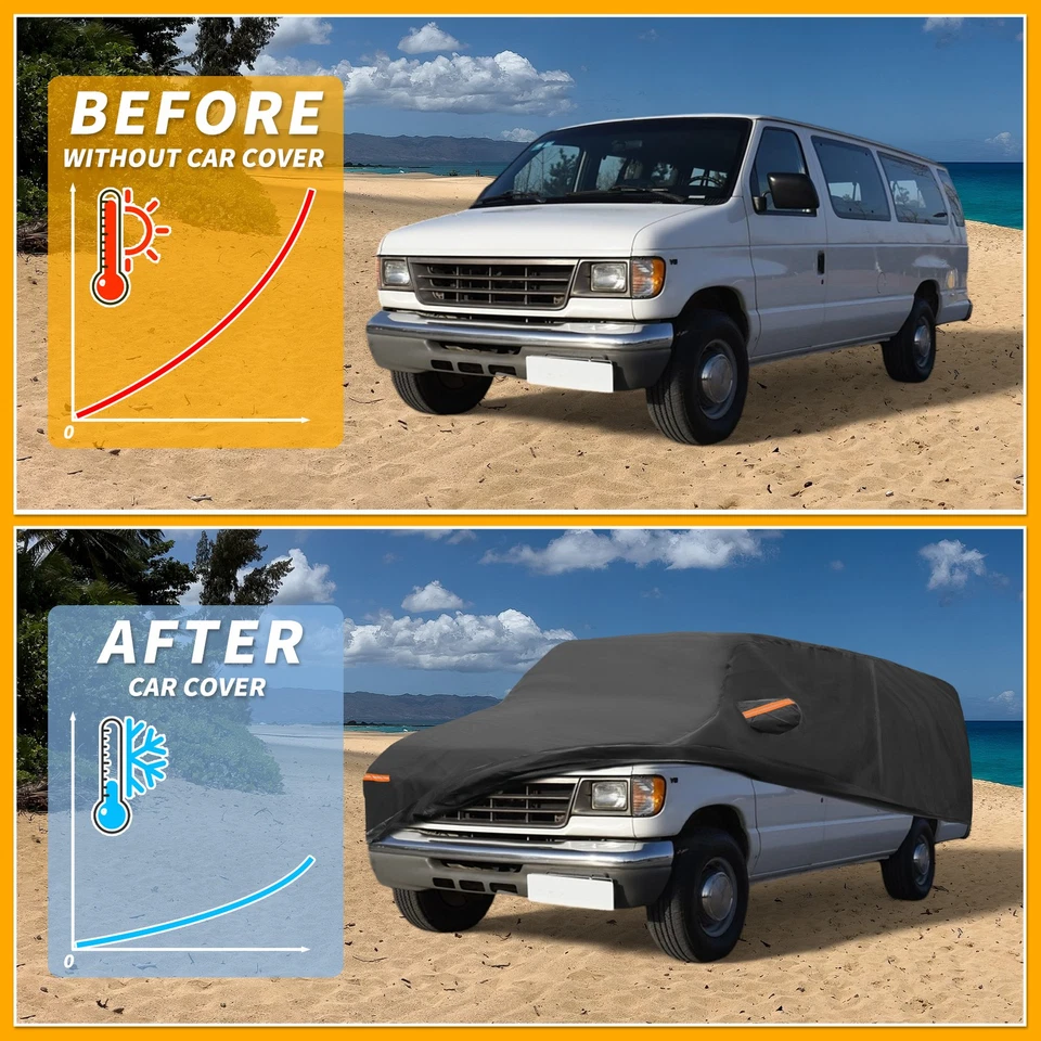 Capa de carro para todas as condições climáticas para Ford E-Series preta 190T-PU com zíper esquerdo - Imagem 4 de 4