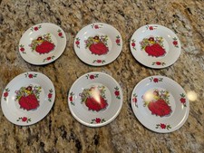 Vintage Mid Century Set Of 6 Tin Metal Doll Plates Girl Cat Flowers Mushrooms