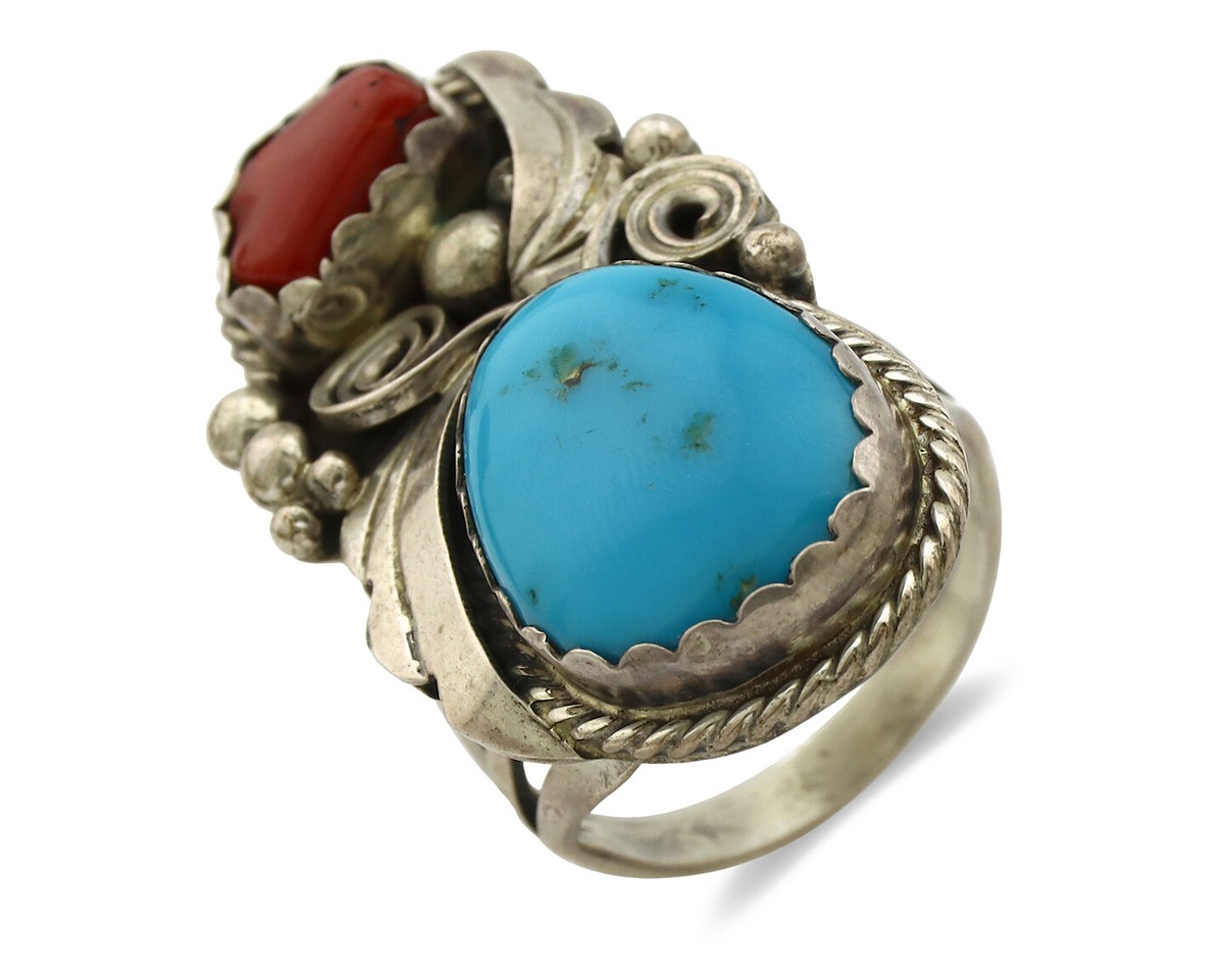 Navajo Ring .925 Silver Turquoise & Coral Artist Signed Justin 