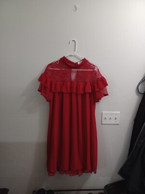Womens Lost Ink Womens Lace Trim Ruffled Shift DressRed 