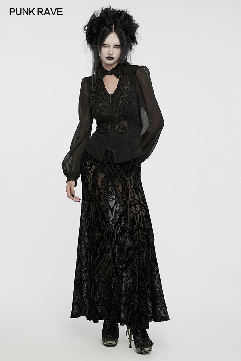 Punk Rave Black Retro Gothic Lace Patch Lantern Sleeve Turn-Down - Main Image