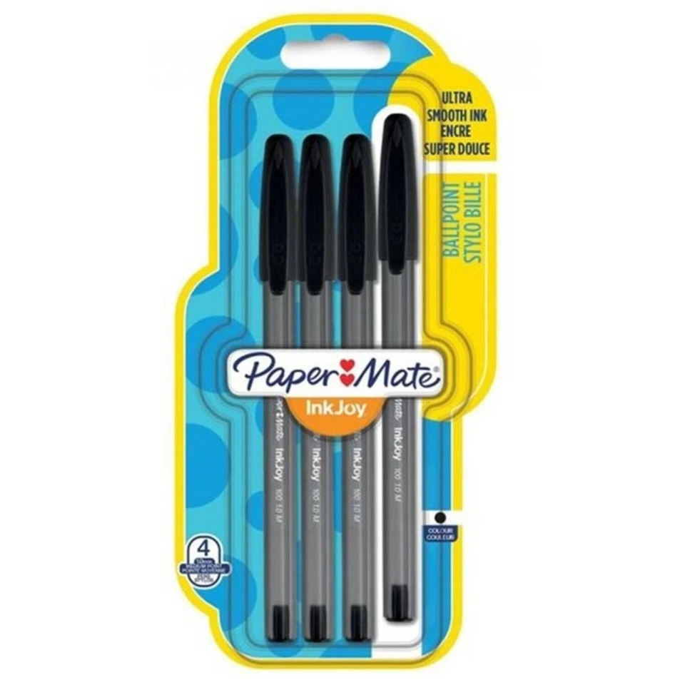 2 x Papermate Inkjoy 100 Black Ballpoint Pens, Medium Nib, Black Ink (Pack of 4)