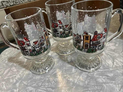 Vintage Set of 3 Libbey Holiday Winter Villiage Footed Glass Mugs