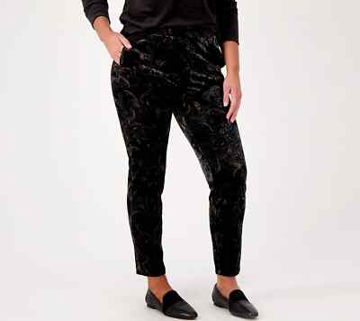 Susan Graver Petite Printed Knit Velvet Slim Leg Pull on Pants Black