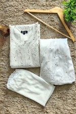 White Handmade Chikankari Kurta Palazzo Set with Dupatta for Women Indian Suit