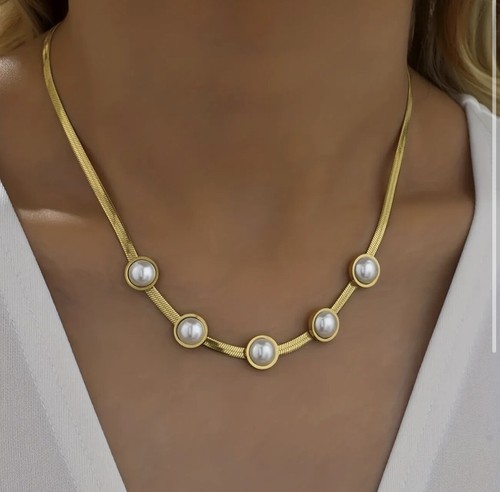18K Gold Plated Freshwater Pearl Snake Necklace White Stainless Steel Unisex - Picture 7 of 9