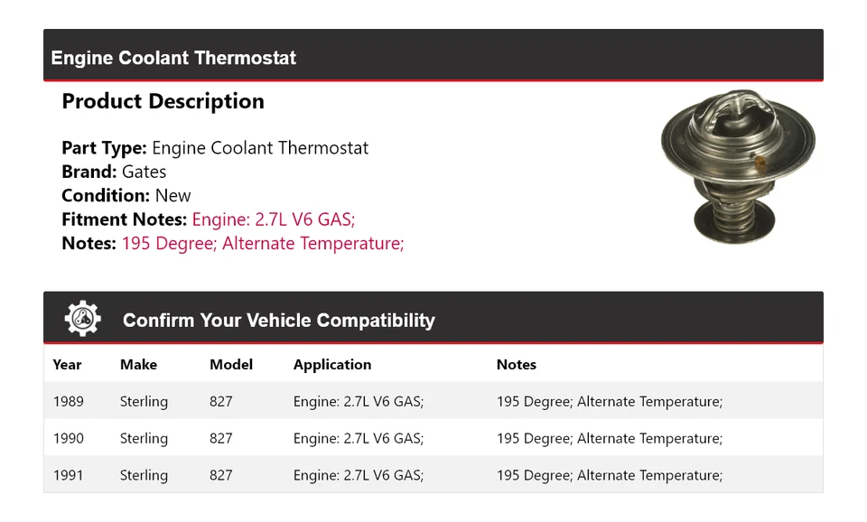 Para 1989-1991 Sterling 827 2.7L V6 Motor Gas Refrigerante Termostato Puertas 1990 Foto 2 de 4