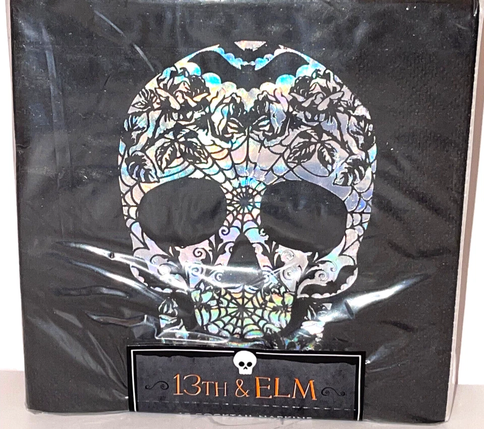 SERVILLETAS DE CÓCTEL HALLOWEEN PLATEADAS METÁLICAS CALAVERA PAPEL. Pk 40. IMPRESIONANTE!! Foto 3 de 4