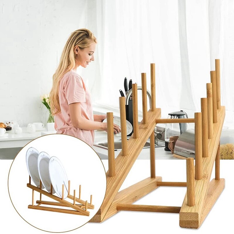 2 PCS Wooden Dish Rack Bamboo Plate Rack Stand Pot Lid Holder, Dish