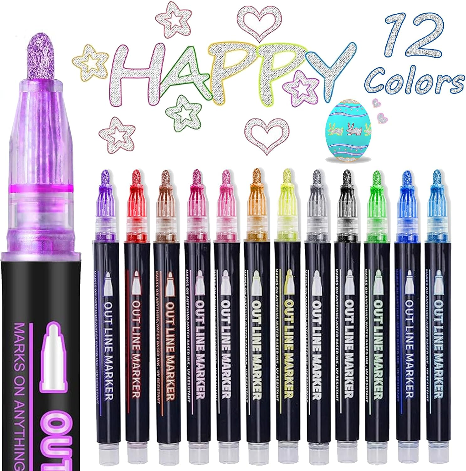 Shimmer Markers Outline Metallic Pens, 12 Colors Double Line Glitter Marker Pen,