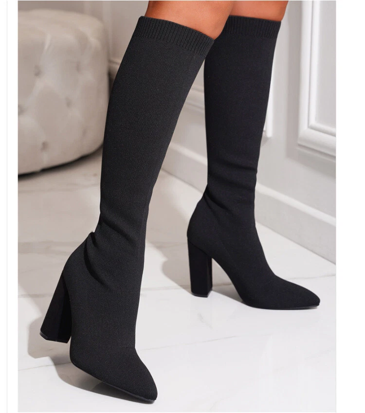 Women Mid Calf Boots Ladies Pointed Toe Block Heel Knit Stretch