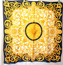 Versace silk scarf, vintage '90s, black  gold Medusa Barocco. 34" square. DS07
