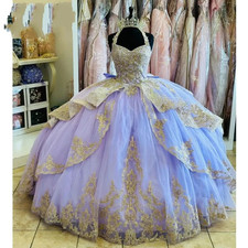 Sparkly Lavender Quinceanera Dresses Ball Gowns Tiered Gold Applique Sweet 16