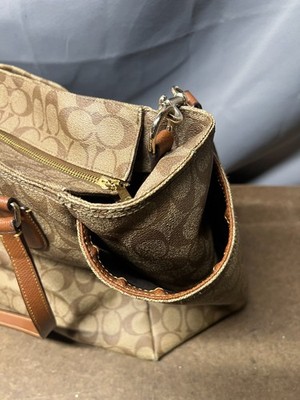 COACH　コーチ　マザーズバッグ　ベビーバッグ　大容量　F35414 Coach F35414 Coated Canvas Diaper Bag Tan Khaki Leather Trim