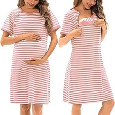Women's Maternity Nightgown Short Sleeves Cotton Breastfeeding+Button Down Sleep