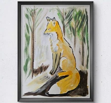 Fox In Woods Abstract Original 9X12 PAPER Acrylic Painting Home Decor Nature