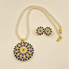 Gold Plated Blue Sapphire Pendant Set  Handmade Pearl Necklace with Earrings