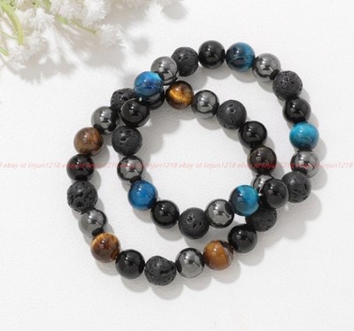 Natürliches 2 Stck. 8/10 mm Gelb Tigerauge Schwarz Lava Hämatit Edelsteine Armband 7,5 Zoll