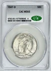 1947-D Walking Liberty 50C Silver Half Dollar CACG MS 65 CAC Certified