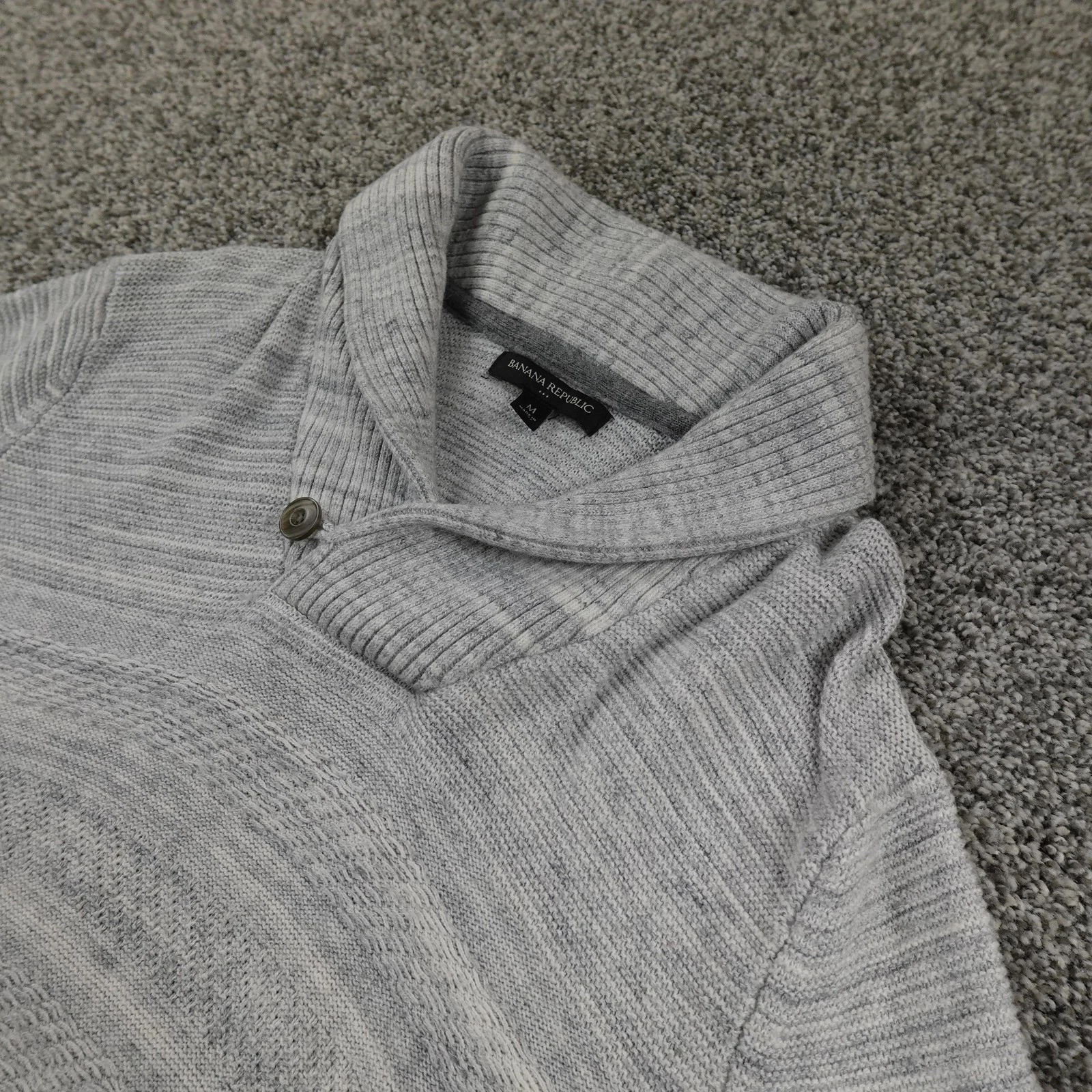 Banana Republic Sweater Mens M Gray Heather Shawl Collar Button Pullover Knit