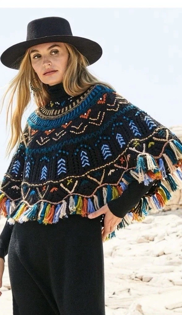 80 NWT Peruvian Connection Poncho Solstice Caplet Fringe Embroidered $359 S/M
