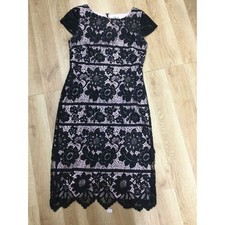 Eliza J Black Floral Lace Sheath Dress Pink Lining Cap Sleeve Size 6 Cocktail