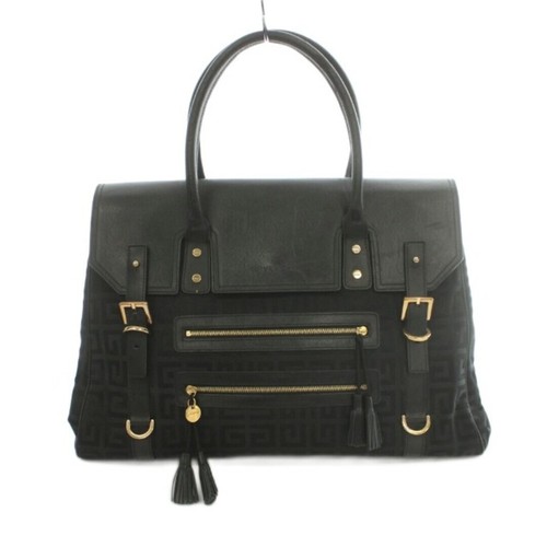 GIVENCHY Tote Hand Bag Canvas Leather Black Logo Pattern Large ZIp Japan