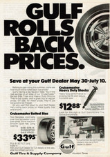 1977 Vintage Print Ad Gulf Tire Rolls Back Prices Cruisemaster Belted Bias Shock