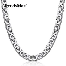 7mm 22INCH Mens SILVER Tone FLAT BYZANTINE Link Necklace Stainless Steel Chain 