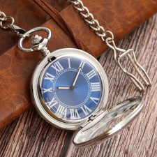 Vintage Blue Dial Silver Self Wind Automatic Mechanical Pocket Watch Chain Gifts