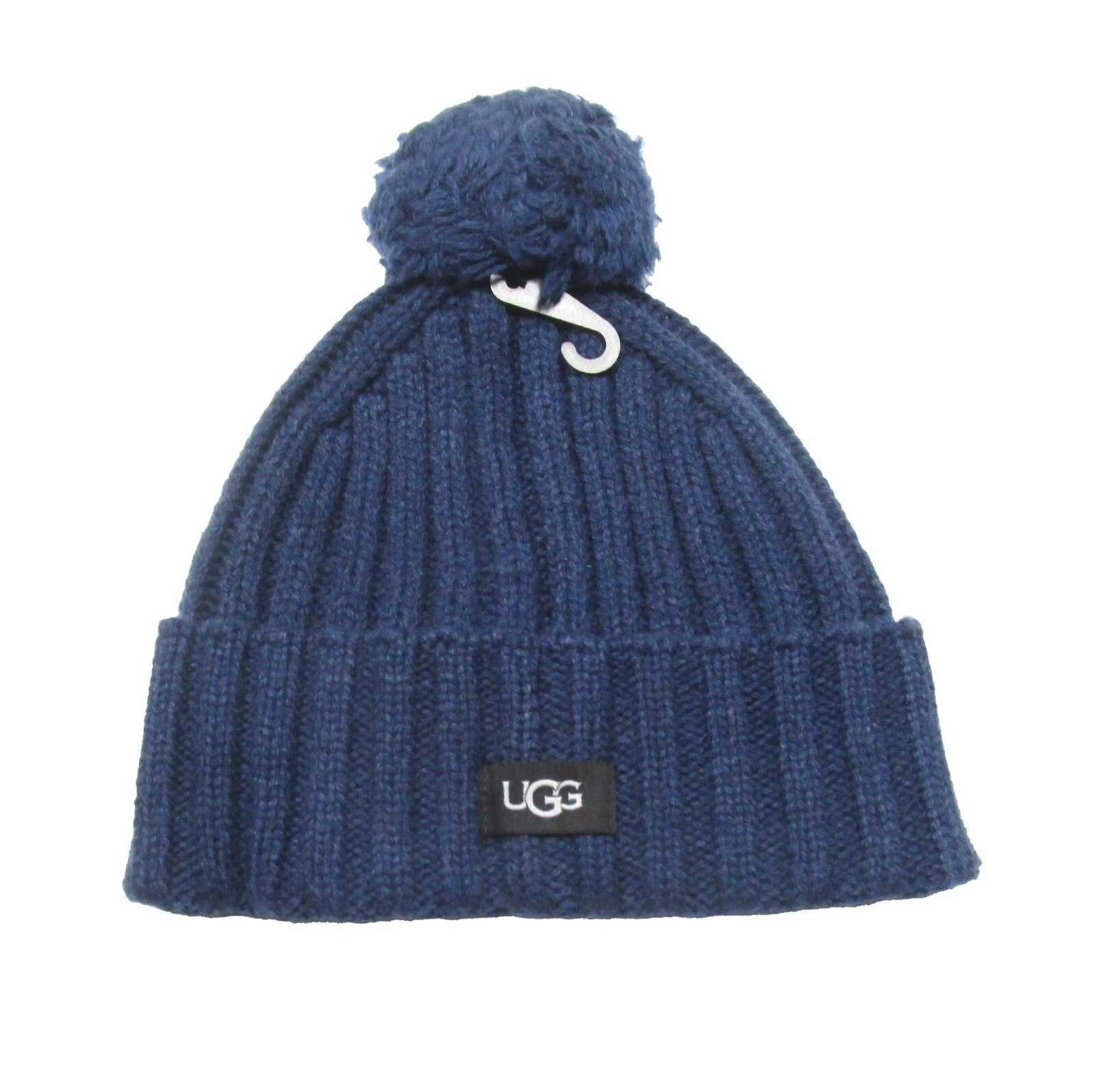 UGG Australia Men's Navy Logo Patch Wool Blend Ribbed Cuff Pom Beanie