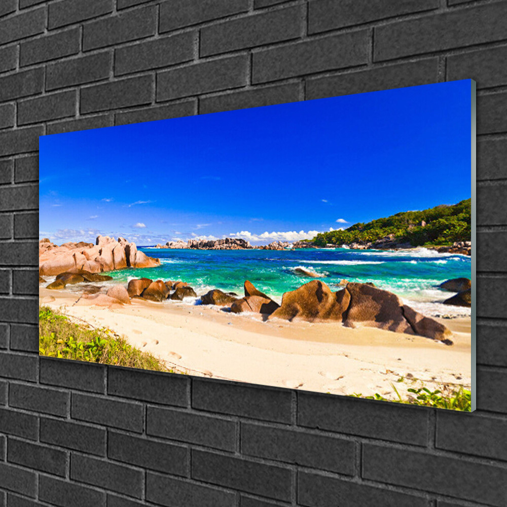 Tableau sur verre plage rocheuse 100x50 décor panoramique de salon de style marin