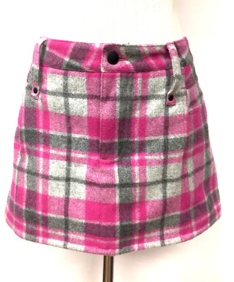 AUTHIER Fuchsia/Gray Plaid Wool Belted Mini Skirt Sz6 (Est)
