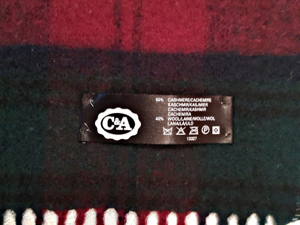 VINTAGE C&A PLAID&CHECK GREEN BURGUNDY CASHMERE BLEND LONG MENS FRINGE SCARF - Image 3 of 3