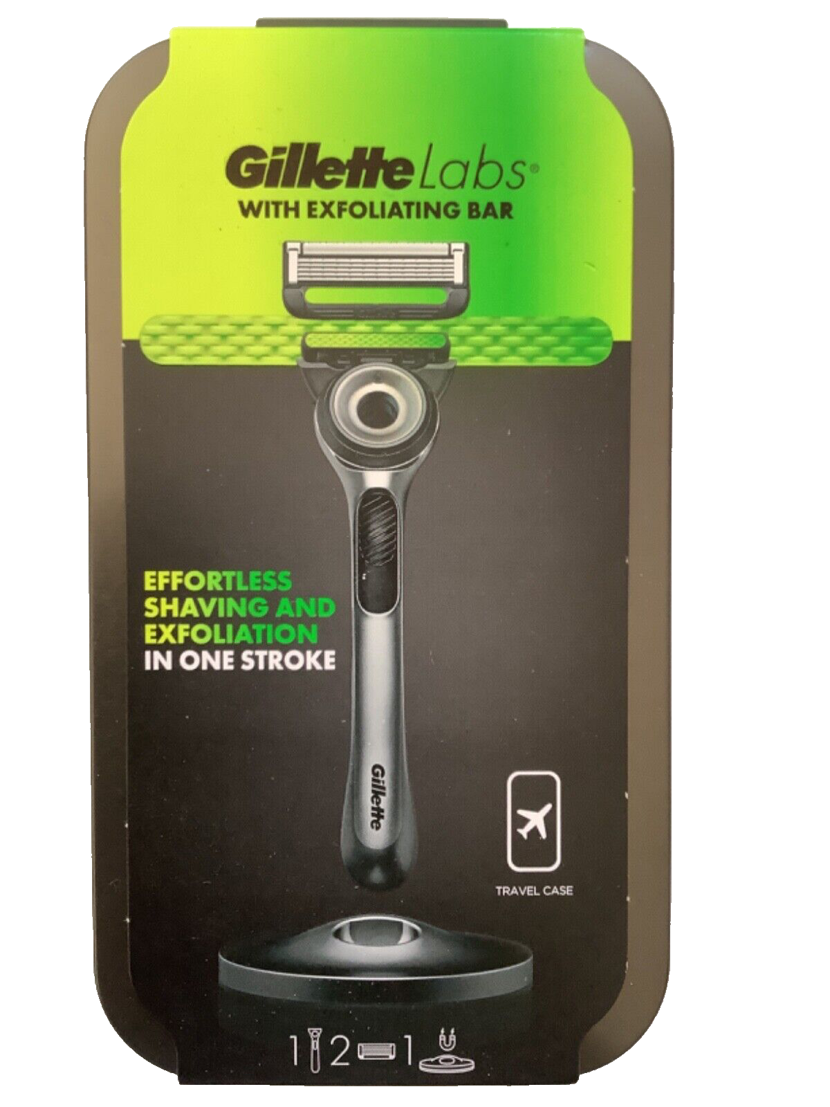 Gillette Labs Razor + Exfoliating bar. Magnetic Stand/Travel Case+ 2 Cartridges.