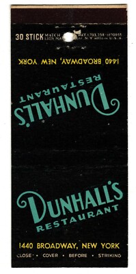 DUNHALL'S RESTAURANT matchbook matchcover - VINTAGE NYC NEW YORK